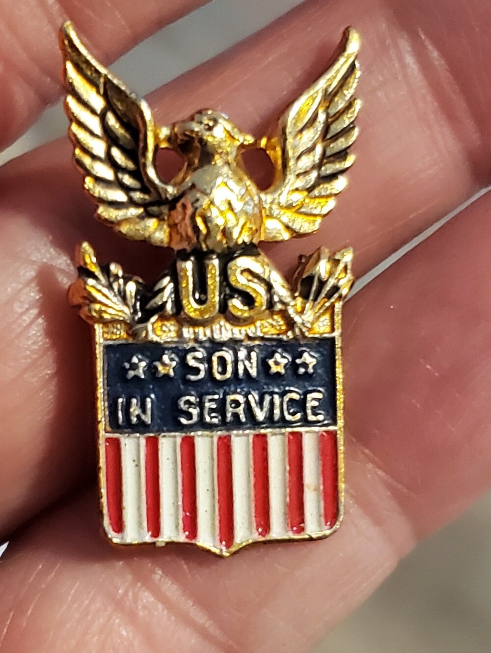 Coro Sterling Gold US Eagle Son in Service Shield Pin Red, White & Blue Enamel